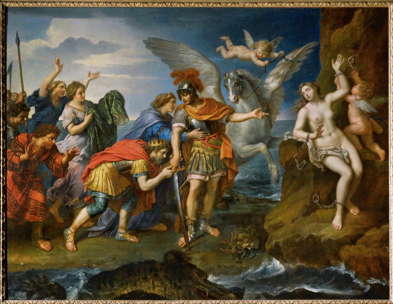 Etiópia királynője és királya köszönetet mond Perszeusznak lányuk, Androméda kiszabadításáért ... alkotó: Pierre (follower of) Mignard