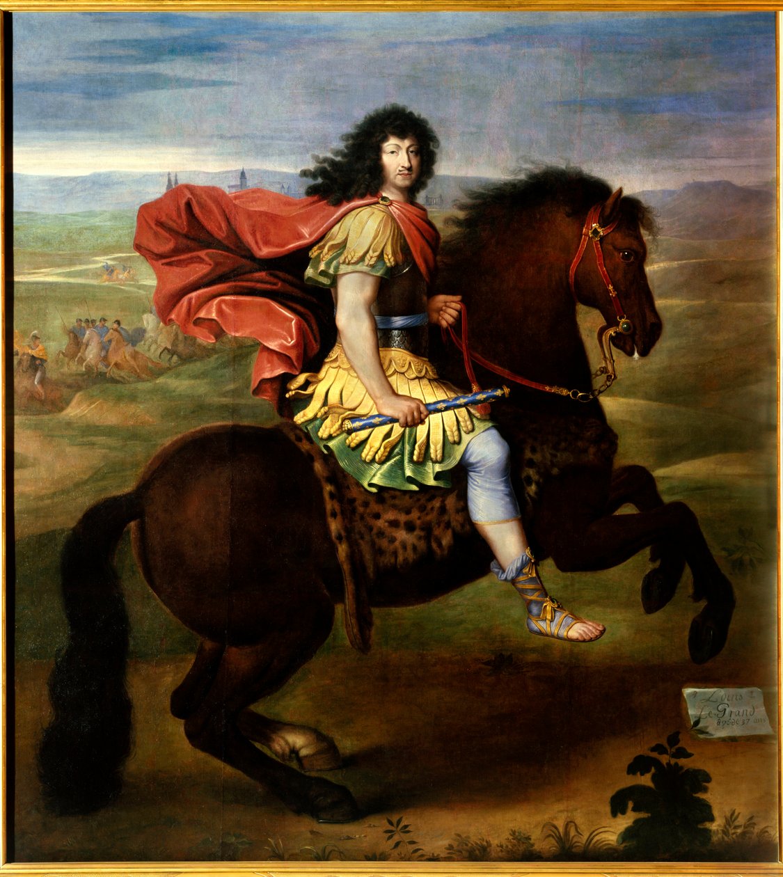 XIV. Lajos (37 éves) lovas portréja. XV. Lajos francia király, Le Bien Aime (1710-1774) néven ismert, páncélban, szandálcipőben és liliomvirágú kék bottal a kezében. Pierre Mignard (1612-1695) műhelyének festménye alkotó: Pierre (studio of) Mignard