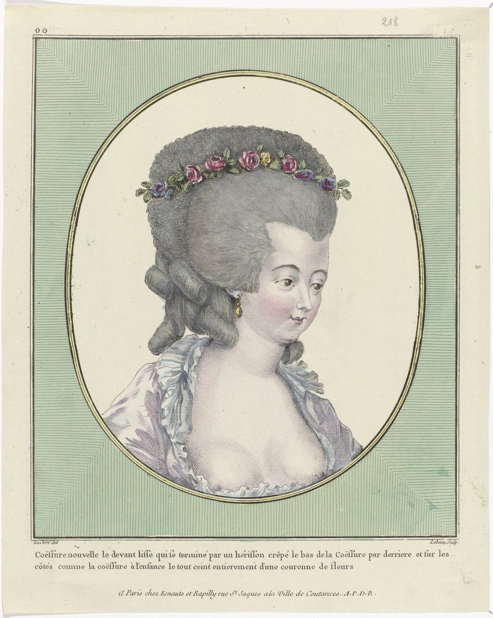 Frizurák, puffok, kalapok és sapkák: tizenegy frizura és fejdísz Francia Divatok és Jelmezek Galériája, 1781, oo 218: New Coëffure the front (...) alkotó: Pierre Adrien Le Beau