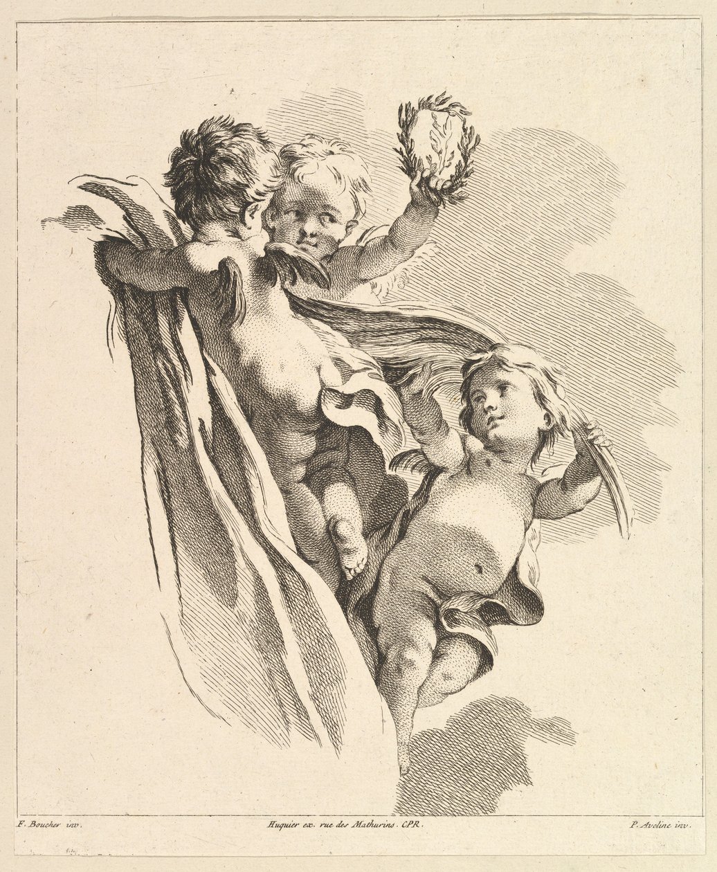 Három Ámor, amelyek közül az egyik koronát tart, a Gyermekcsoportok negyedik könyvéből, 18. század. alkotó: Pierre Alexandre Aveline