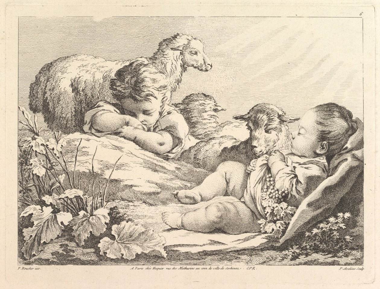 Két alvó gyerek három báránnyal, 18. század. alkotó: Pierre Alexandre Aveline