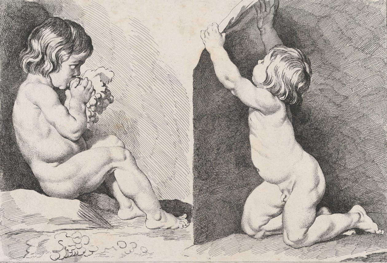 Két meztelen gyerek szőlőt eszik, az Új Gyermekkönyvből, 1720-60. alkotó: Pierre Alexandre Aveline