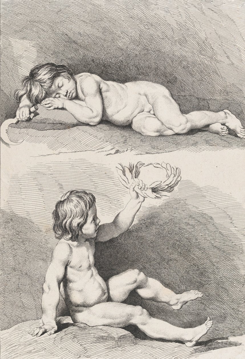 Két meztelen gyerek, egyik alvó, a másik koszorút tart, az Új Gyermekkönyvből..., 1720-60. alkotó: Pierre Alexandre Aveline