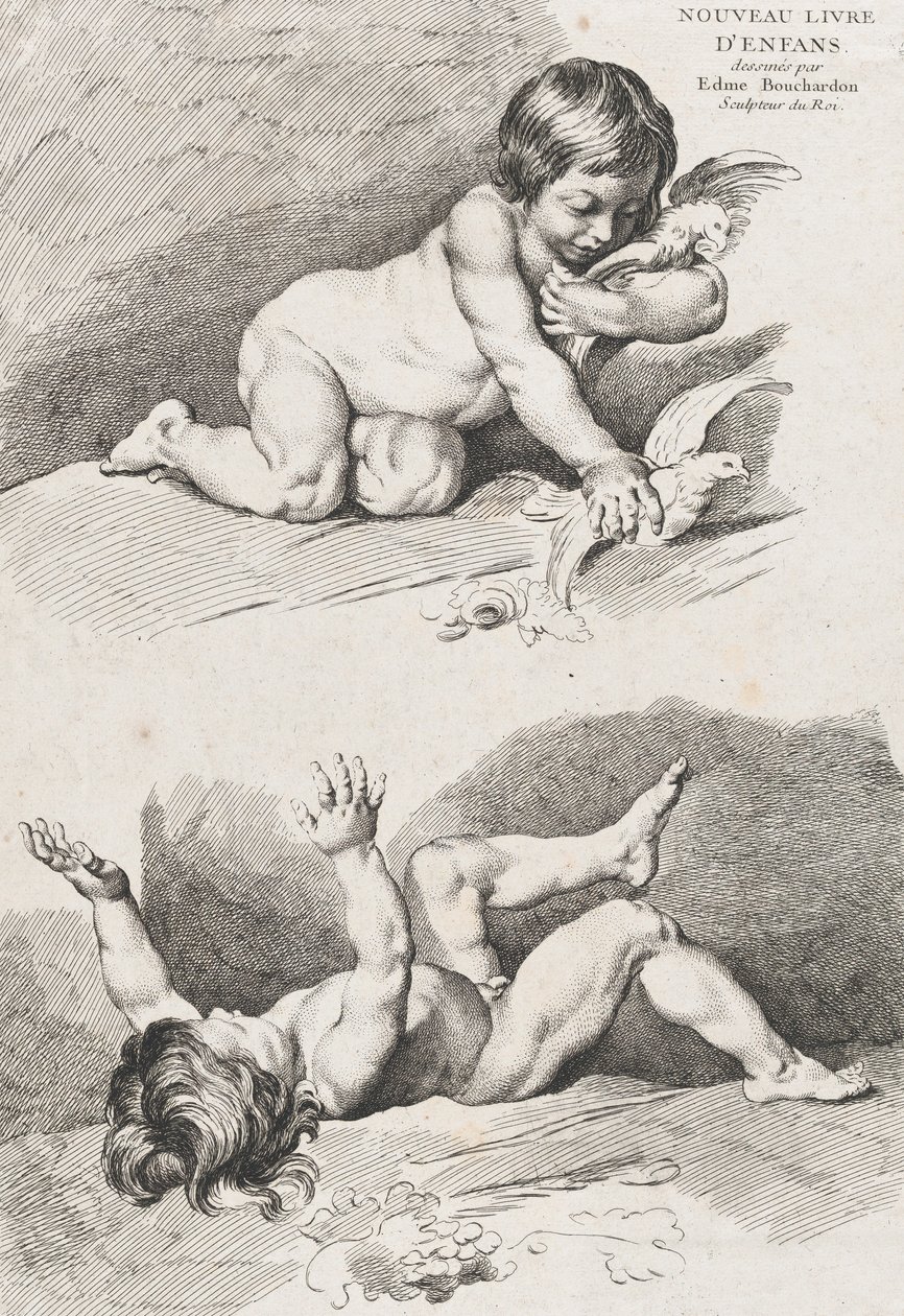Két meztelen gyerek játszik egy levéllel, az Új Gyermekkönyvből, 1720-60. alkotó: Pierre Alexandre Aveline