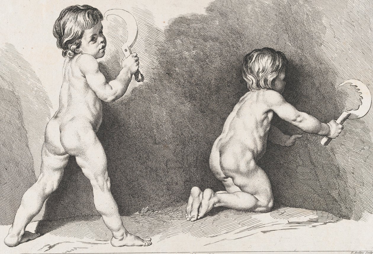 Két meztelen gyermek állva, az Új Gyermekkönyvből, 1720-60. alkotó: Pierre Alexandre Aveline
