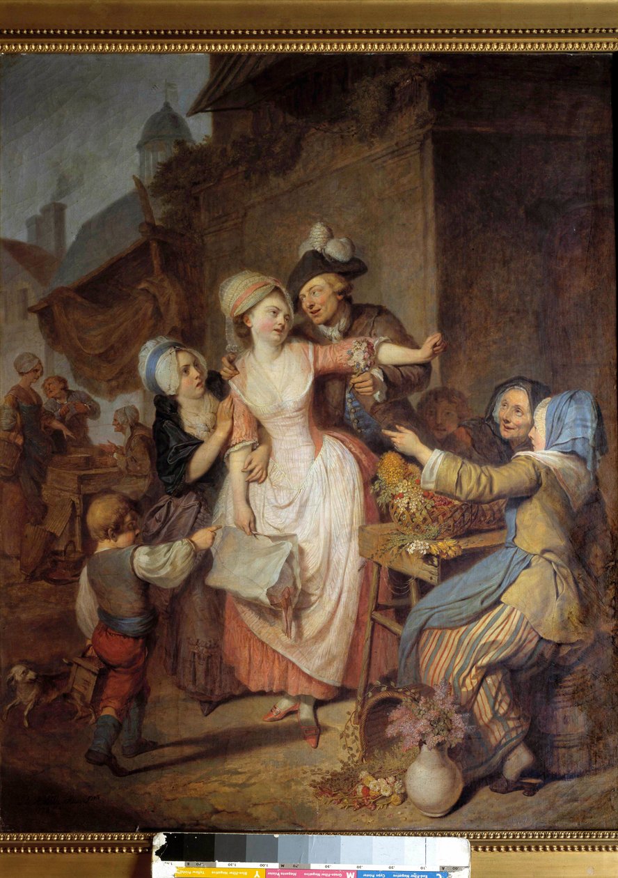 A csábítás Egy férfi elcsábít egy fiatal nőt egy csokor virággal, egy másik nő figyelmeztetni látszik. Pierre-Alexandre Wille dit Wille Fils (1748-1821) festménye. 1778. Párizs, Dekoratív Művészeti Múzeum alkotó: Pierre Alexandre Wille