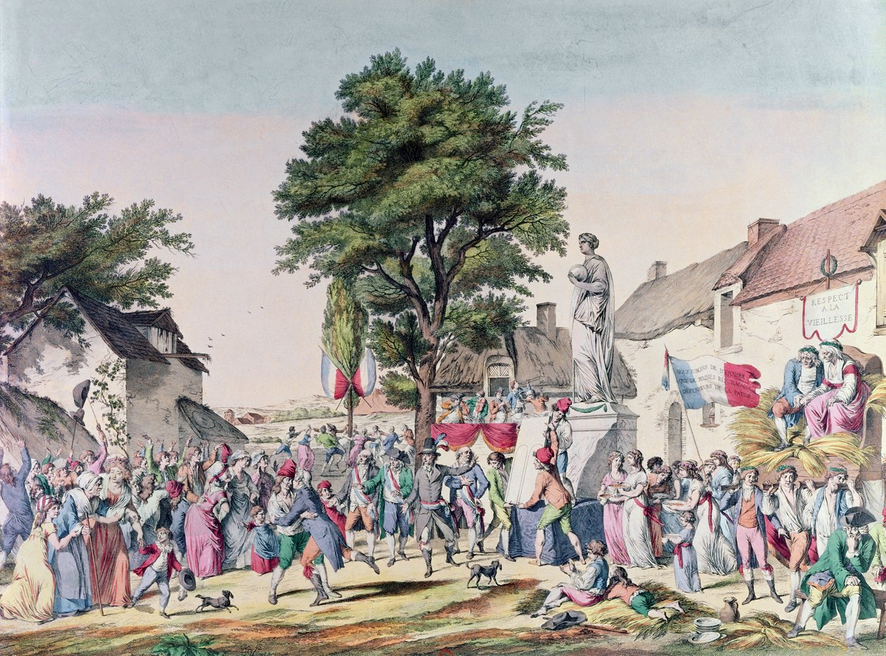 Falusi ünnepség az öregség tiszteletére a francia forradalom idején, 1795 (színes metszet) alkotó: Pierre Alexandre Wille