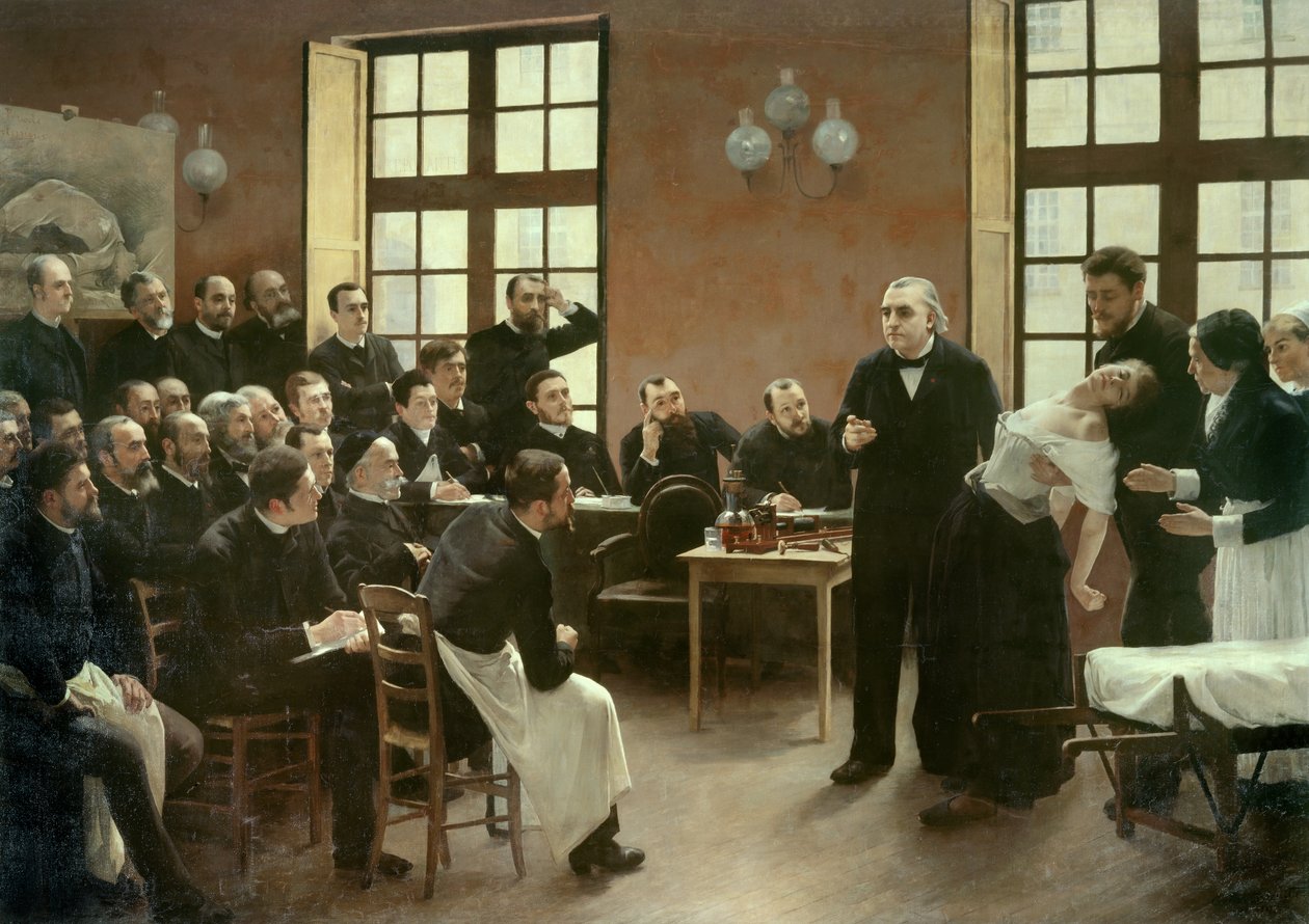 Dr. Charcot klinikai előadása a Salpetriere-ben 1887-ben. Jean Martin Charcot professzor (1825-1893) tanszékének növendékei, aki elmagyarázza Blanche Wittman esetét, betegét és tengerimalacát, akit a hisztériakutatása miatt preferált. Asszis volt alkotó: Pierre Andre Brouillet