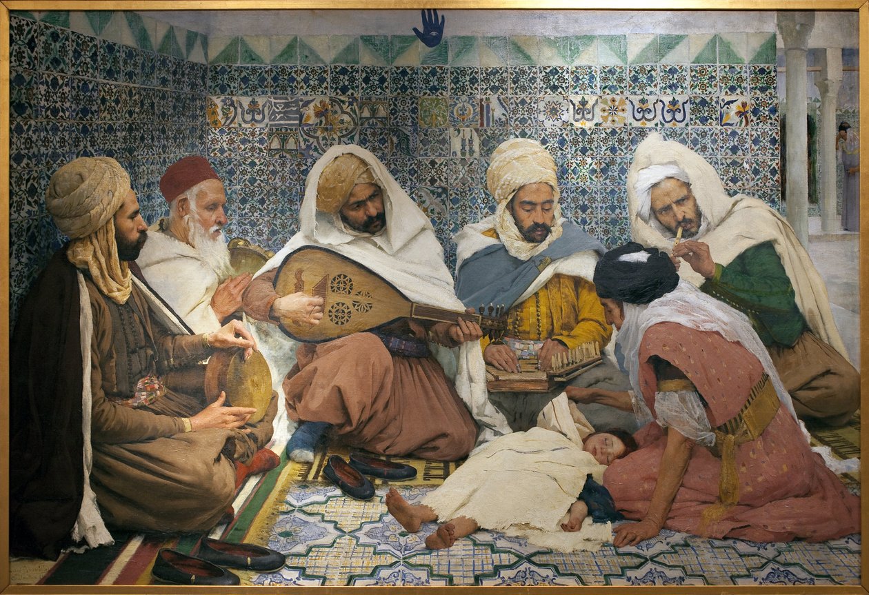 Ördögűzés: Arab zenészek dzsinneket kergetnek ki egy gyerek testéből. Andre Brouillet (1857-1914) festménye, Olaj, vászon alkotó: Pierre Andre Brouillet