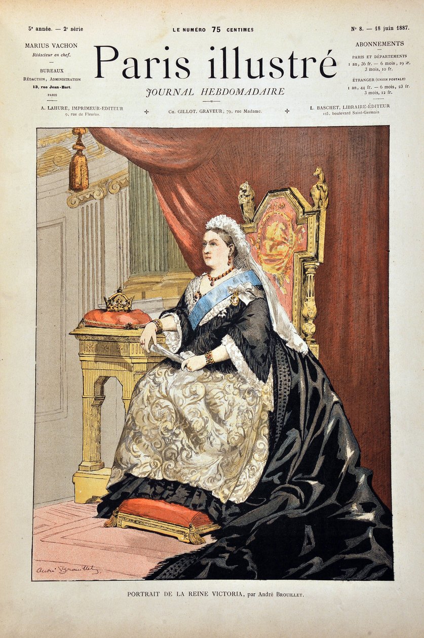 Andre Brouillet Victoria Iere, angol királynő (1819-1901) portréja, 1887-es metszet a „” Paris-Illustrous Journal hetilapban”. alkotó: Pierre Andre Brouillet