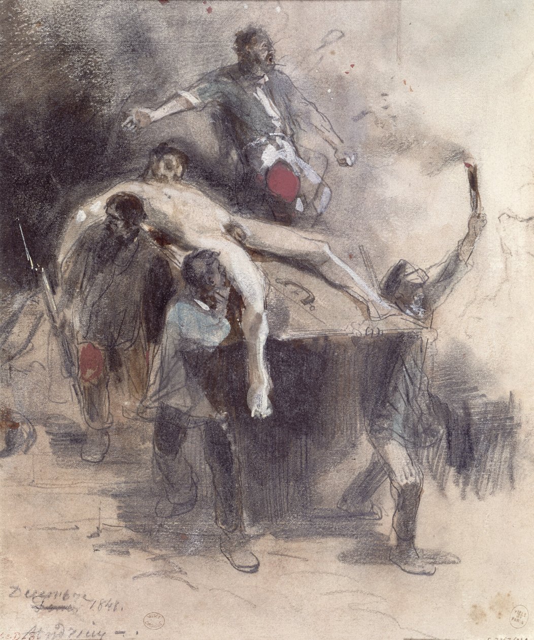 Férfiak elhurcoltak egy holttestet, 1848. február 23. (guache) alkotó: Pierre Andrieu