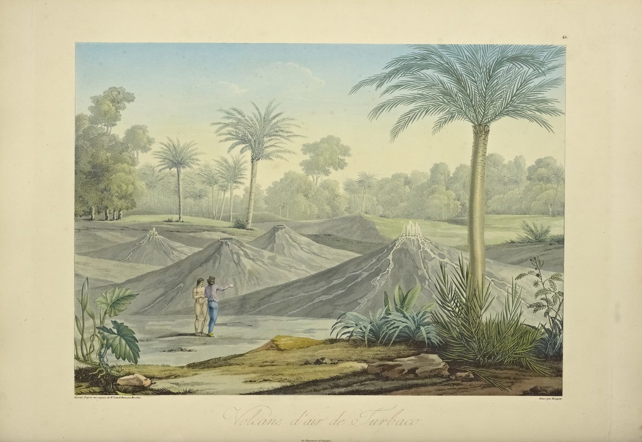 Turbaco légvulkánjai, Bouquet gravírozása, illusztrációja Alexander von Humboldt és Aime Bonpland „Kordillerák és Amerika őslakosainak emlékművei” című művéből alkotó: Pierre Antoine (after) Marchais