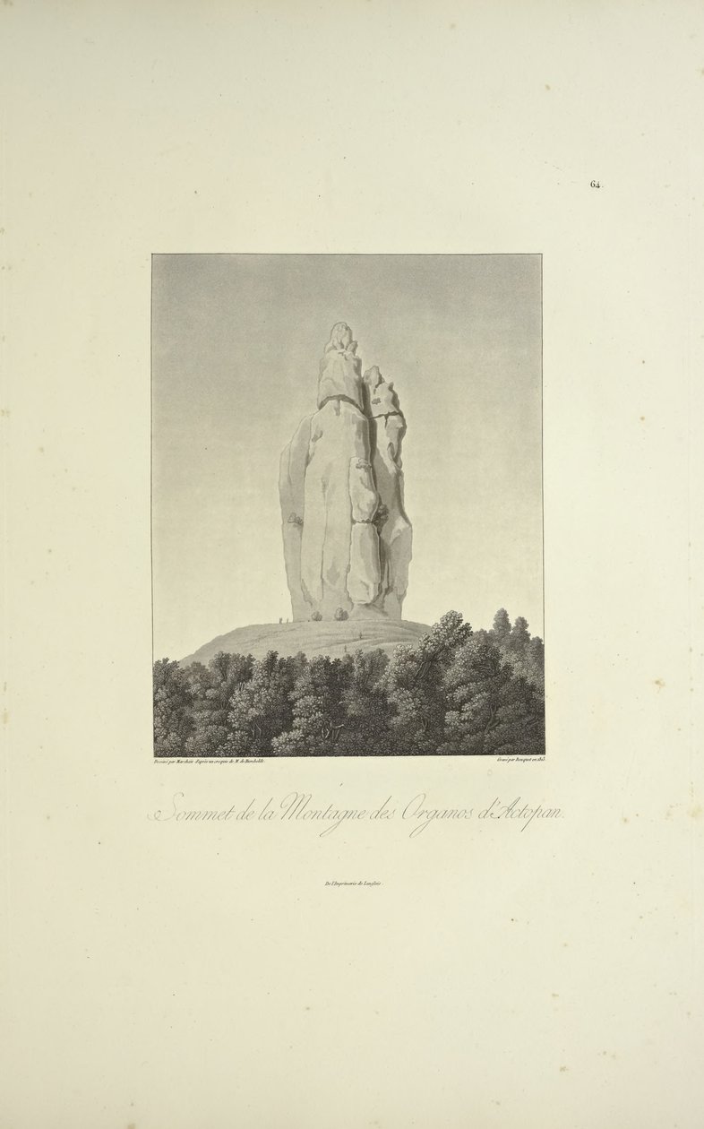 Az Organos-hegy csúcsa, Actopan, Bouquet metszete, illusztráció a „Kordillerák és Amerika őslakosainak emlékművei” című művéből, Alexander von Humboldt és Aime Bonpland alkotó: Pierre Antoine (after) Marchais