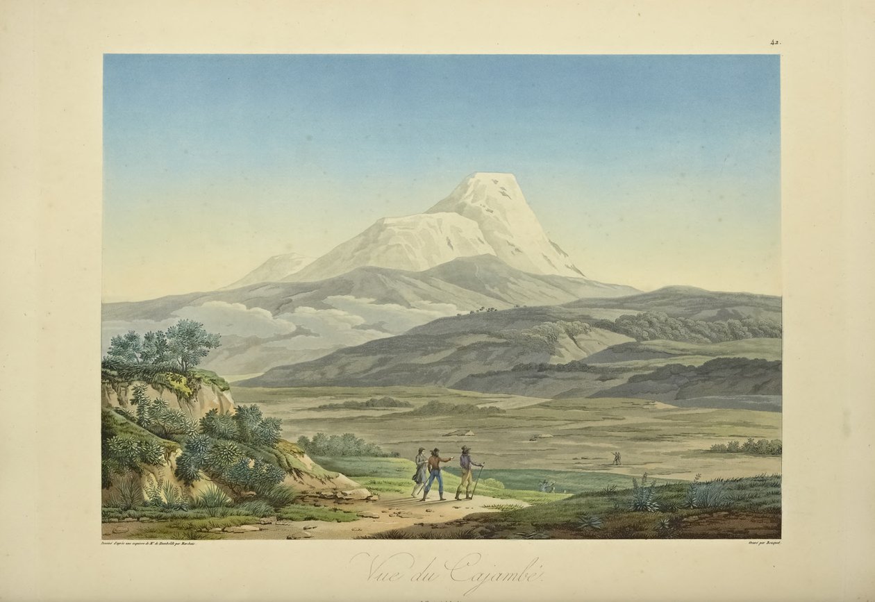 Cajambe képe, Bouquet gravírozása, illusztráció a „Kordillerák és Amerika őslakosainak emlékművei” című művéből, Alexander von Humboldt és Aime Bonpland alkotó: Pierre Antoine (after) Marchais