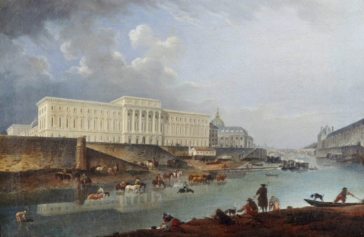 A Hôtel de la Monnaie, a Quai de Conti és a Szajna, a Pointe de la Cité felől nézve, 1777. alkotó: Pierre Antoine Demachy