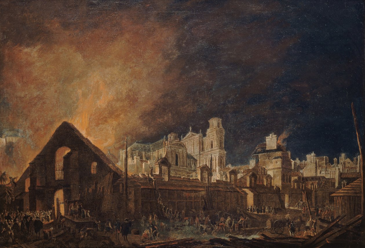 A Foire Saint-Germain az 1762. március 16-ról 17-re virradó éjszakai tűzvész után. alkotó: Pierre Antoine Demachy