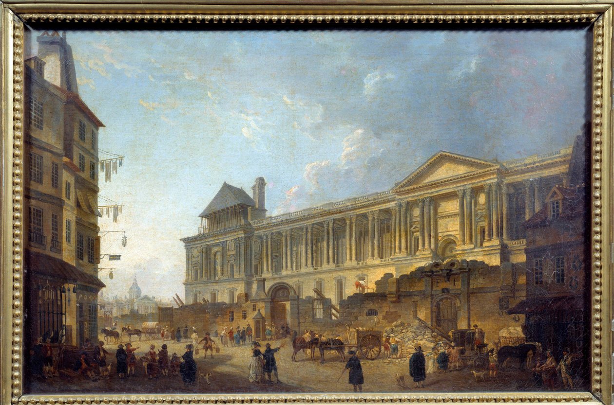 Kilátás a Louvre utca oszlopcsarnokára, építkezéssel a Palais du Louvre előtt. Pierre Antoine Demachy (1723-1807) festménye 1772 alkotó: Pierre Antoine Demachy