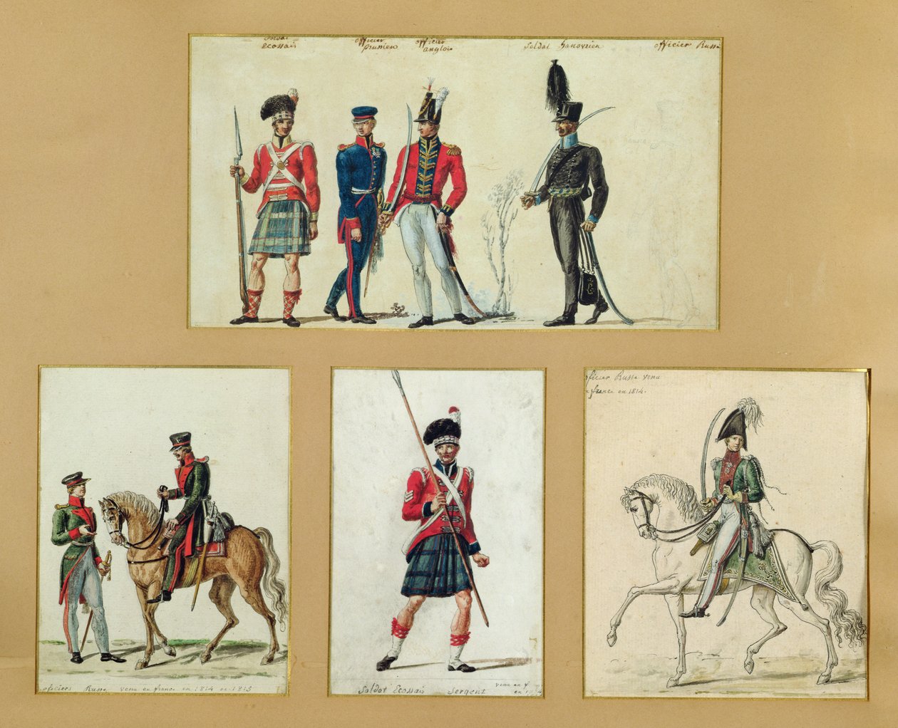 Skót katonák és porosz, angol, hannoveri és orosz tisztek egyenruhája 1814-ben alkotó: Pierre Antoine Lesueur