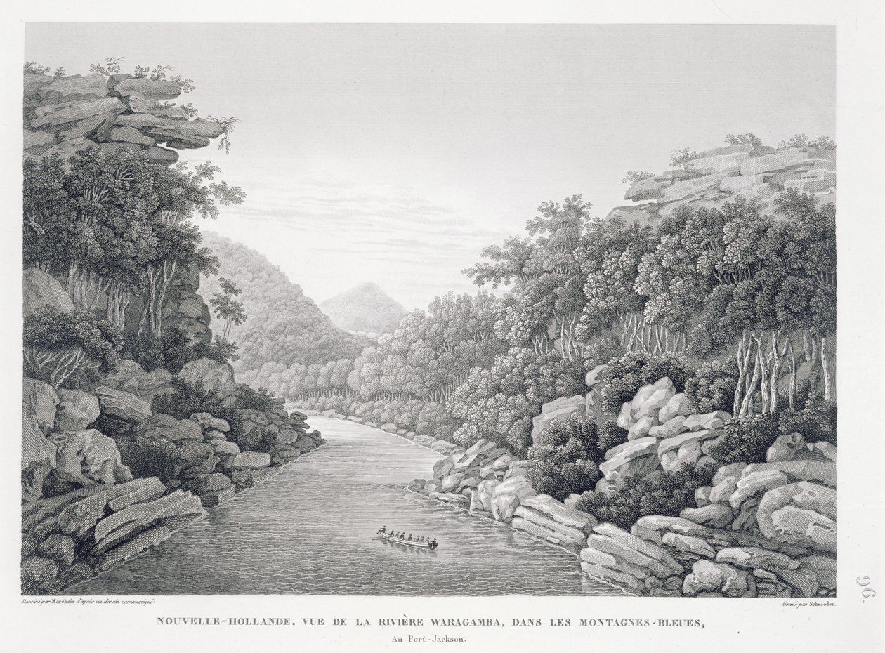 New Holland: Kilátás a Warragamba folyóra a Kék-hegységben, a „Voyage Autour du Monde (1817-20)”-ból, Louis Claude De Saulces de Freycinet (1779-1842) vésette Schroeder, megjelent 1822-24 (li) alkotó: Pierre Antoine Marchais
