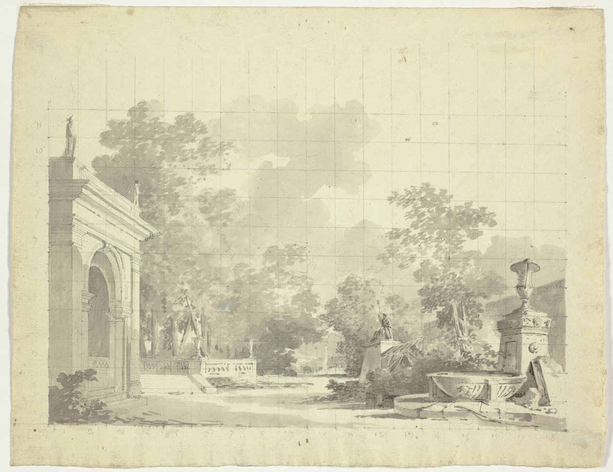 A versailles-i park látványa: urnák és romos szobrok. alkotó: Pierre Antoine Mongin