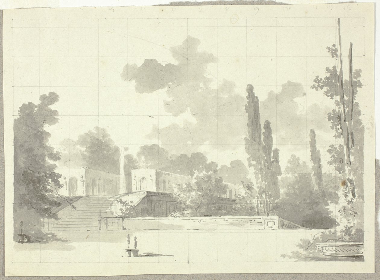 A versailles-i park látványa: oszlopos lépcső a teraszra a templommal és az oszloppal. alkotó: Pierre Antoine Mongin
