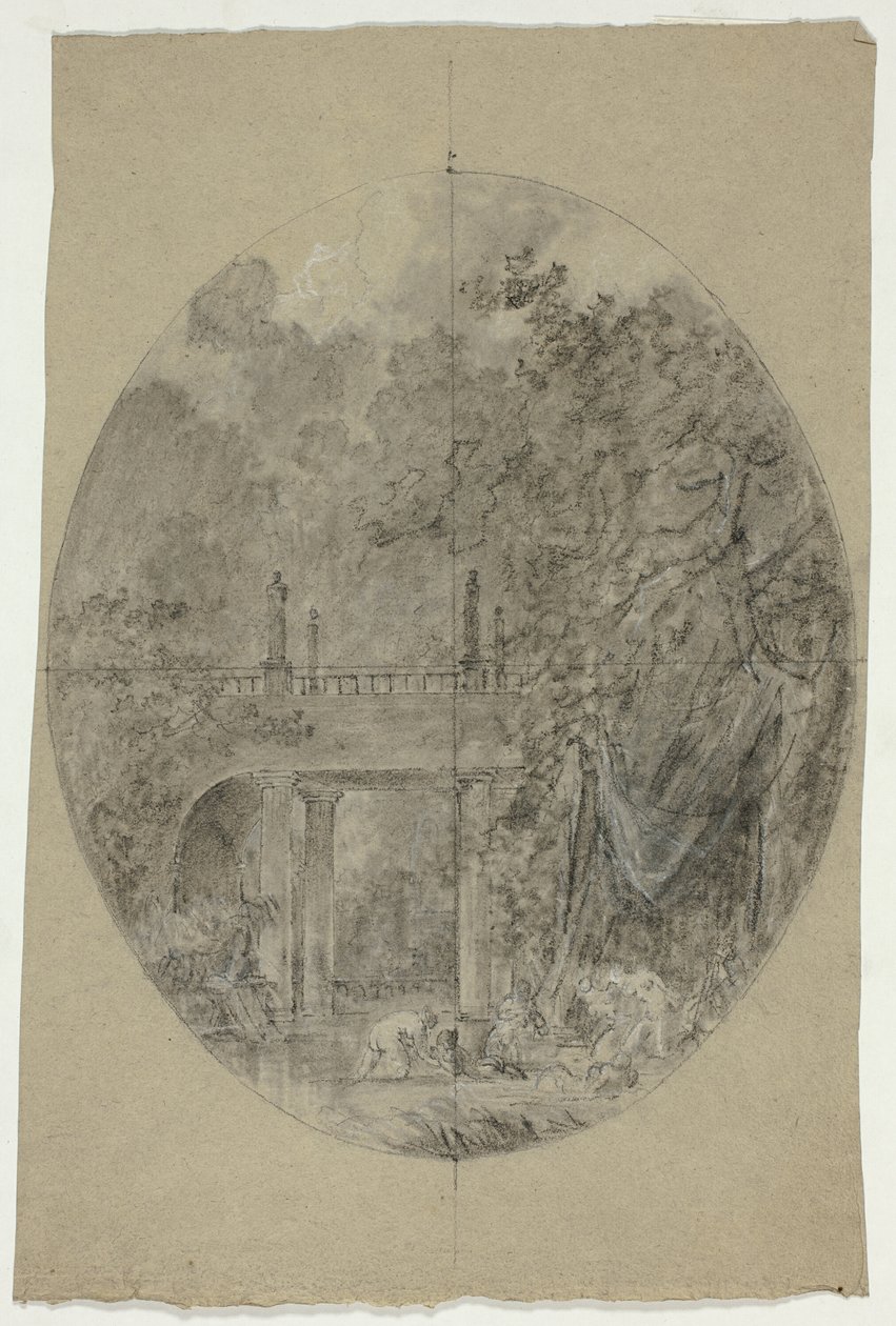 A versailles-i park látványa: Híd alatt fürdőző nők alkotó: Pierre Antoine Mongin