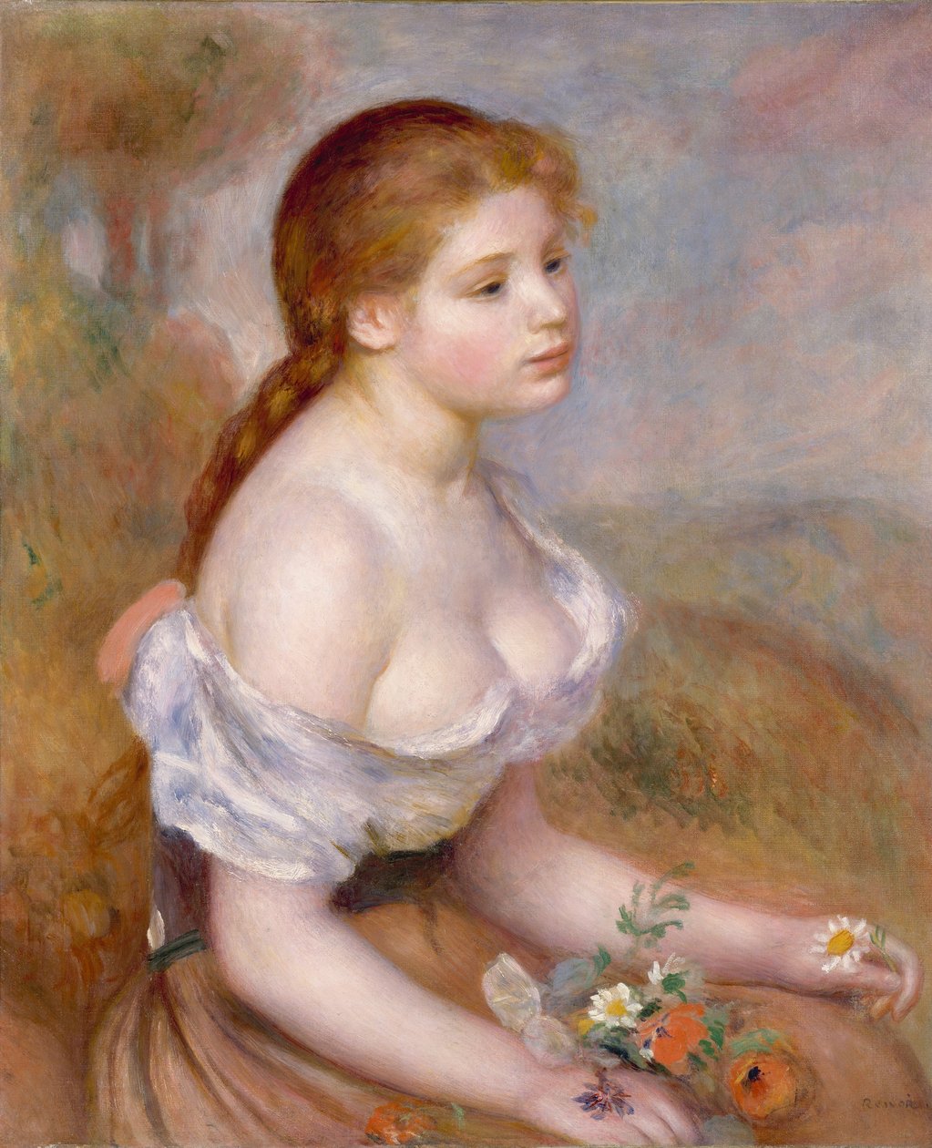 Egy fiatal lány százszorszépekkel alkotó: Pierre Auguste Renoir