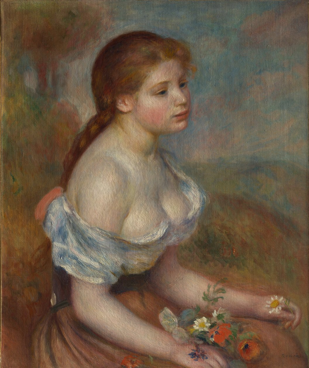 Egy fiatal lány százszorszépekkel, 1889. alkotó: Pierre Auguste Renoir