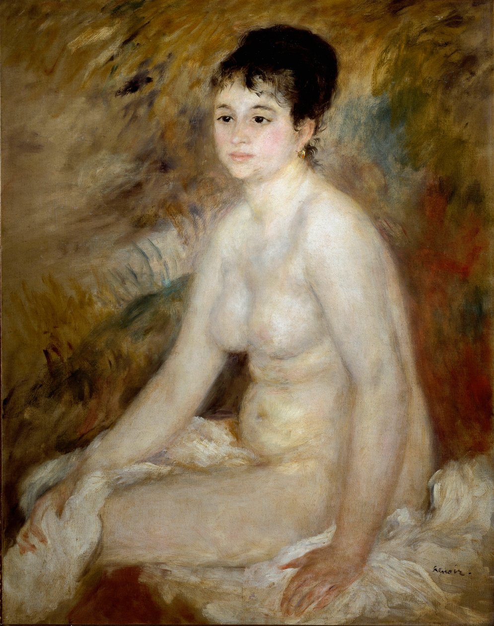 Fürdés után. Portré egy meztelen nő ül. Pierre Auguste Renoir festménye (Pierre-Auguste alkotó: Pierre Auguste Renoir