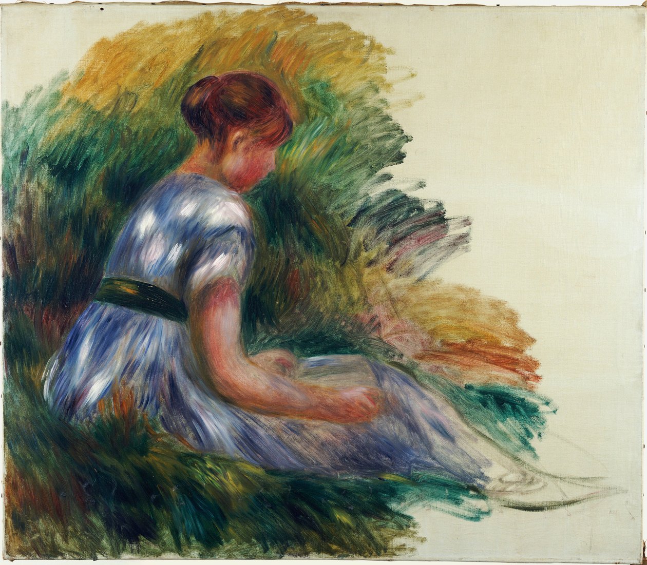 Alice Gamby a kertben, Fiatal lány ül a fűben, 1891 alkotó: Pierre Auguste Renoir