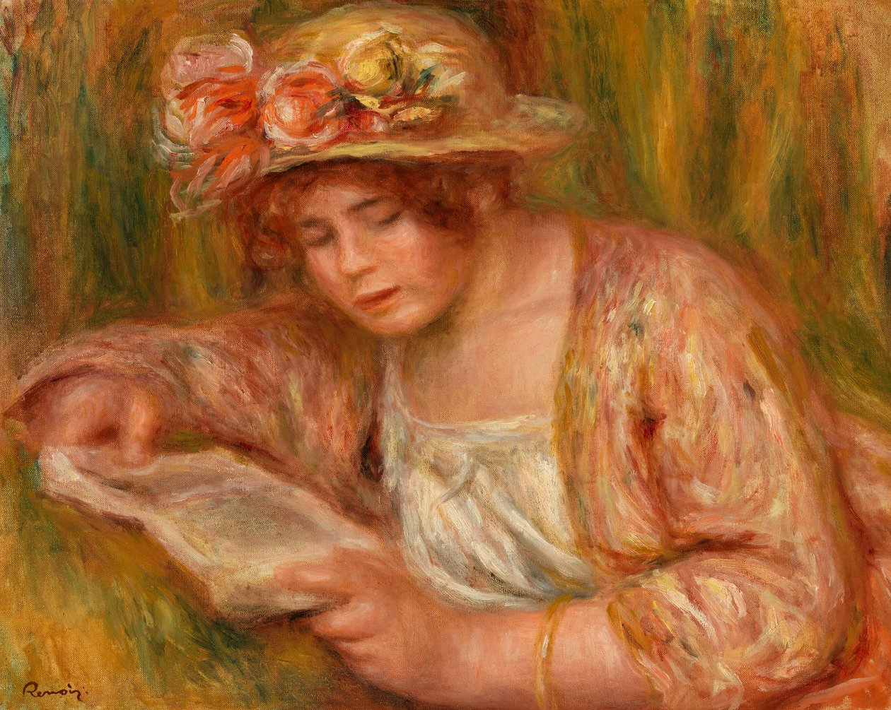 Andrée kalapban, olvasás alkotó: Pierre Auguste Renoir