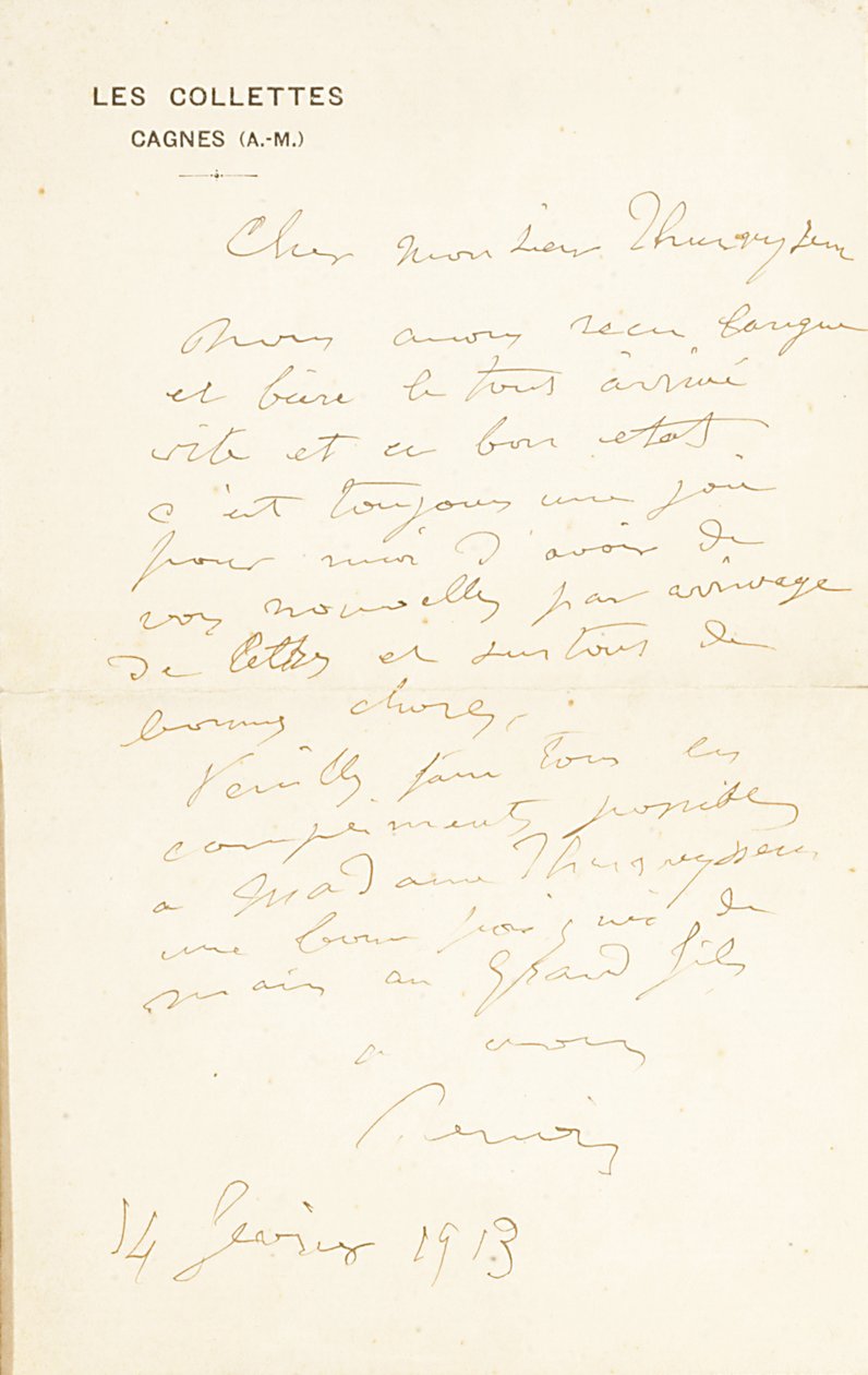 Dedikált levél Dr. Fritz Thurneyssennek, Párizs és Les Collettes, 1908. június 24. alkotó: Pierre Auguste Renoir