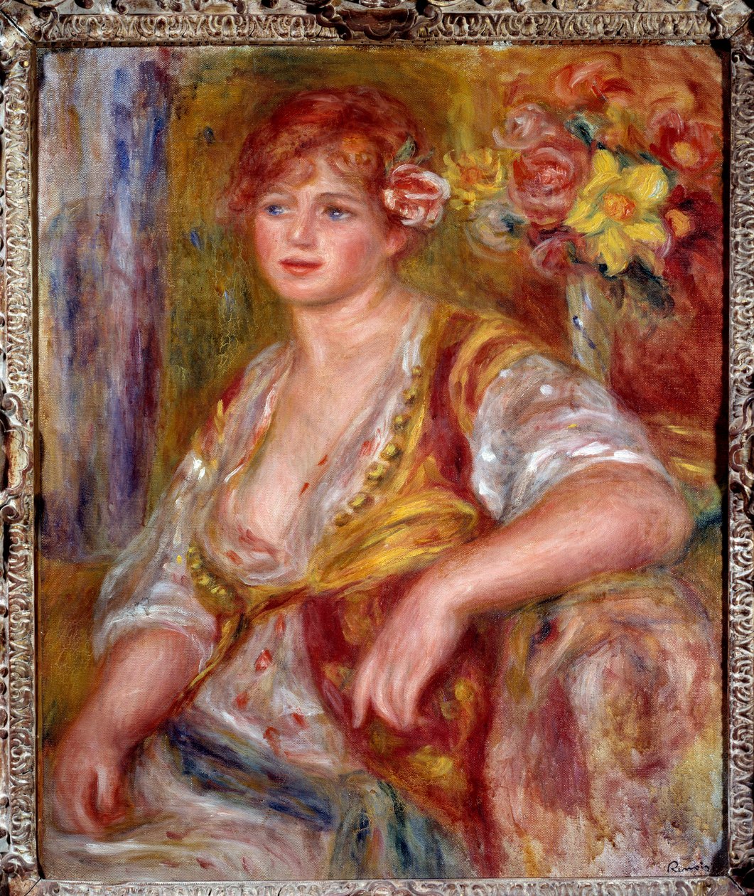 A szőkenél van a rózsa. Andree Madeleine Heuschling (1900-1979) „Dedee” becenévvel, Catherine Hesslingként ismert komikus portréja (1920-ban ment férjhez Jean Renoirhoz). Pierre Auguste Renoir (1841-1919) festménye, 1915 körül. Olaj, vászon. Francia Impres alkotó: Pierre Auguste Renoir