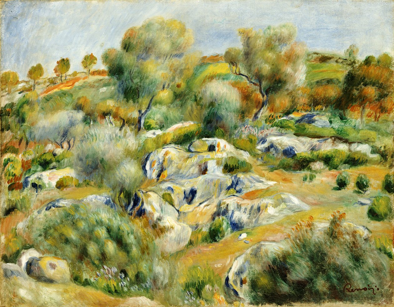 Bretagne-i táj fákkal és sziklákkal alkotó: Pierre Auguste Renoir