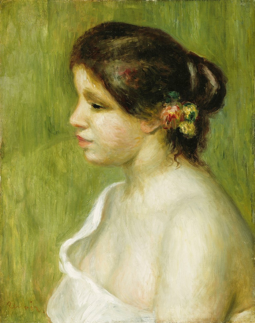 Egy fiatal lány mellszobra, fülét díszítő virágokkal, 1898 alkotó: Pierre Auguste Renoir