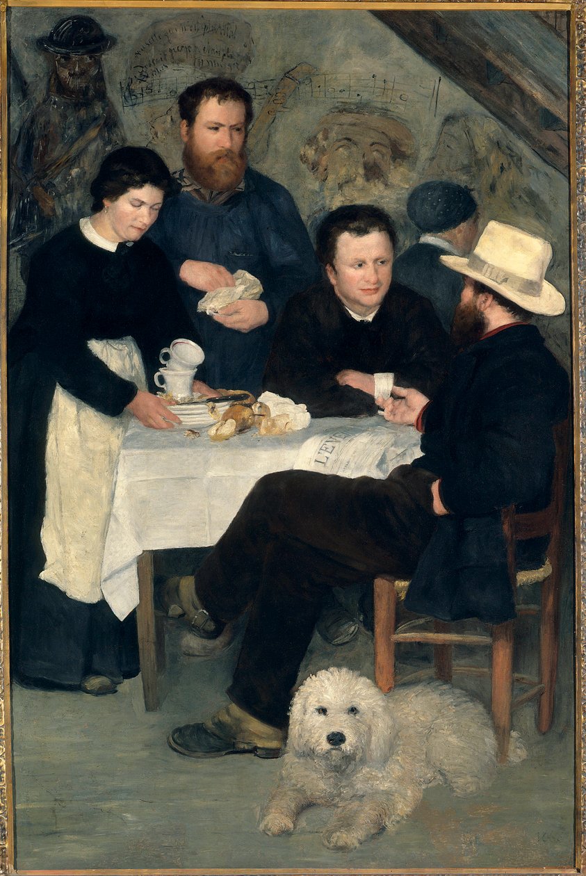 Chez la Mere Antony a Marlotte (Bourron-Marlotte (77)): Claude Monet, Alfred Sisley és Charles Le Coeur az asztal körül Mere Anthonyval, Pierre Auguste Renoir (1841-1919) festménye alkotó: Pierre Auguste Renoir