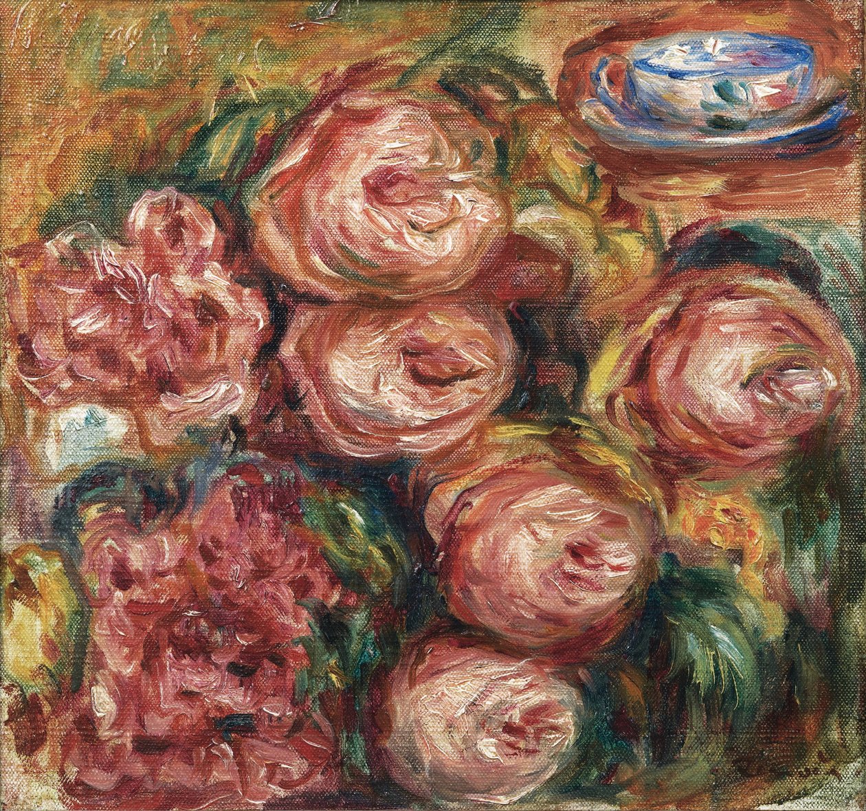 Összetétel rózsákkal és egy csésze teával alkotó: Pierre Auguste Renoir