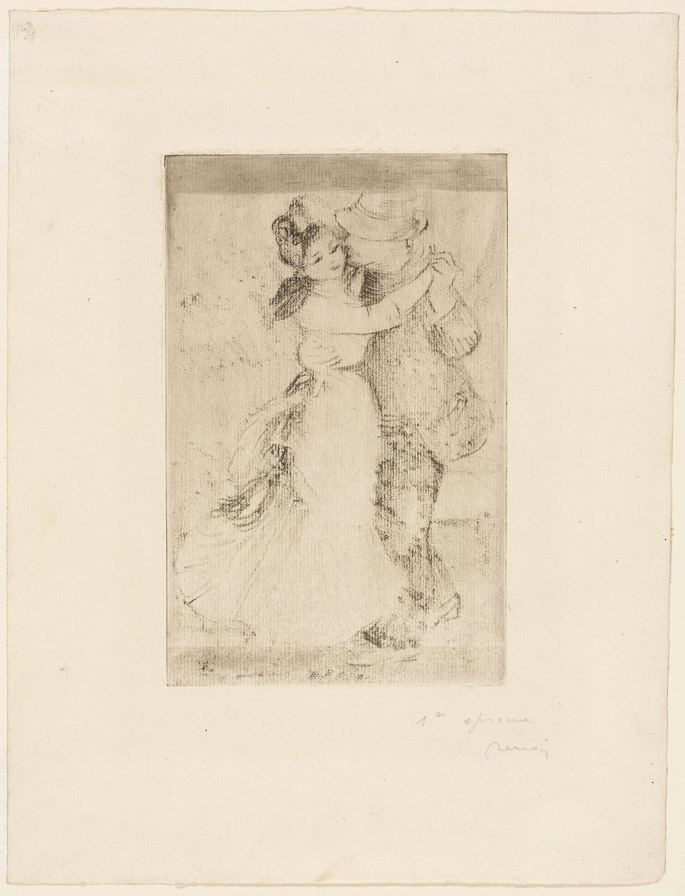 Tánc a vidéken, 1890 körül (barna-szürke metszet elefántcsont öntött papírra) alkotó: Pierre Auguste Renoir