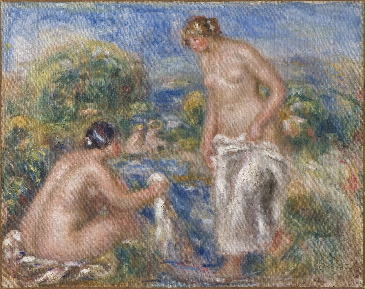 Femmes au bain – Fürdő nők, Renoir, Pierre Auguste (1841-1919). Olajfestmény. c. 1915-1916. Mérete: 40,5x51 cm. Nemzeti Múzeum Stockholm alkotó: Pierre Auguste Renoir