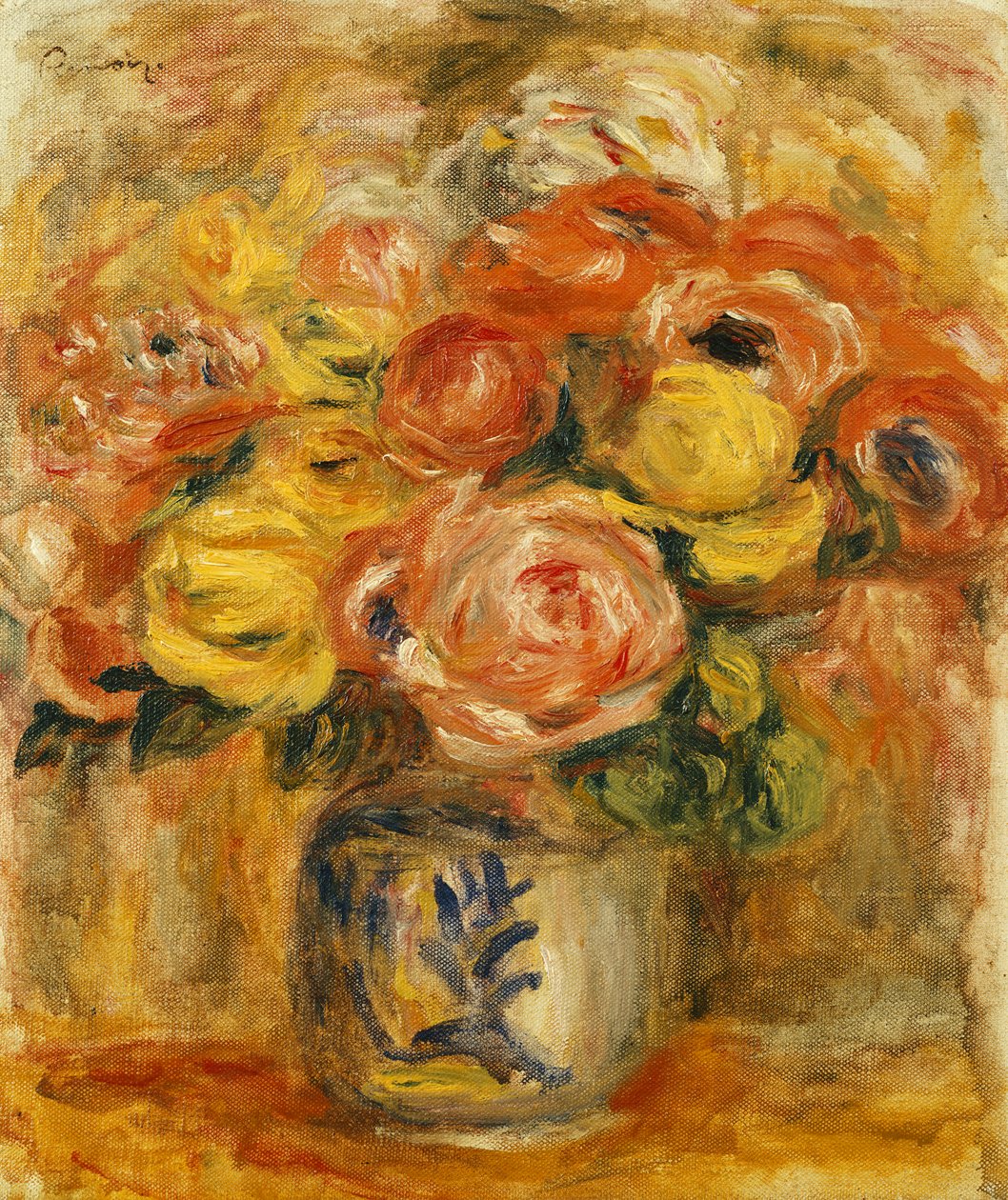 Virágok kék-fehér vázában; Virágok kék-fehér vázában, 1915 alkotó: Pierre Auguste Renoir