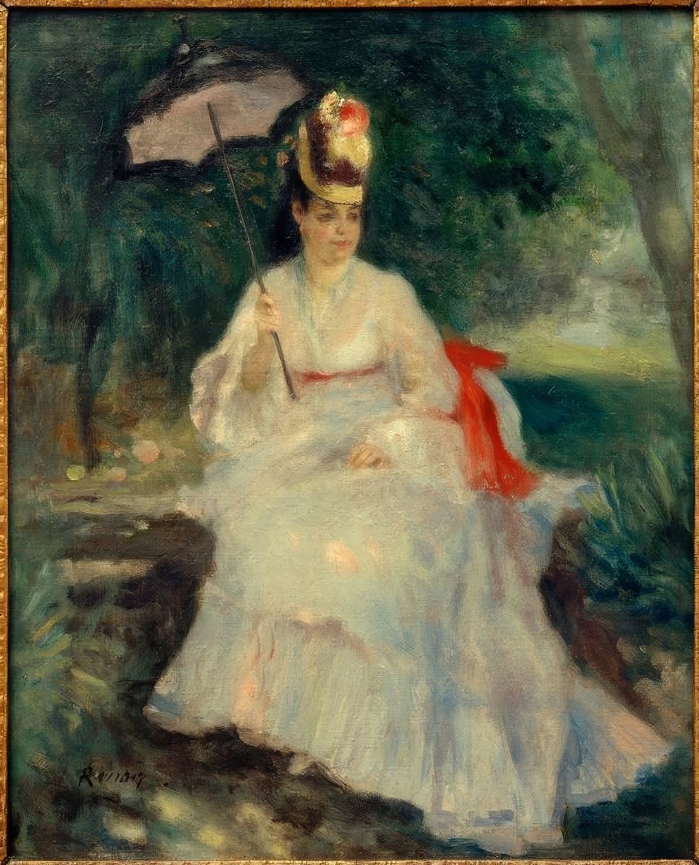 Nő egy napernyővel a kertben alkotó: Pierre Auguste Renoir