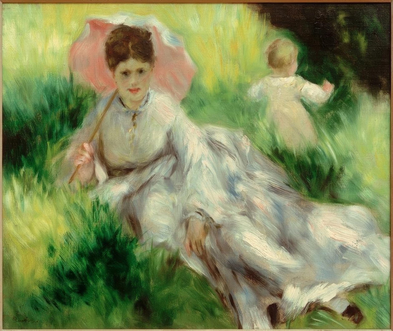 Nő egy napernyővel és gyermekével egy napos lejtőn alkotó: Pierre Auguste Renoir