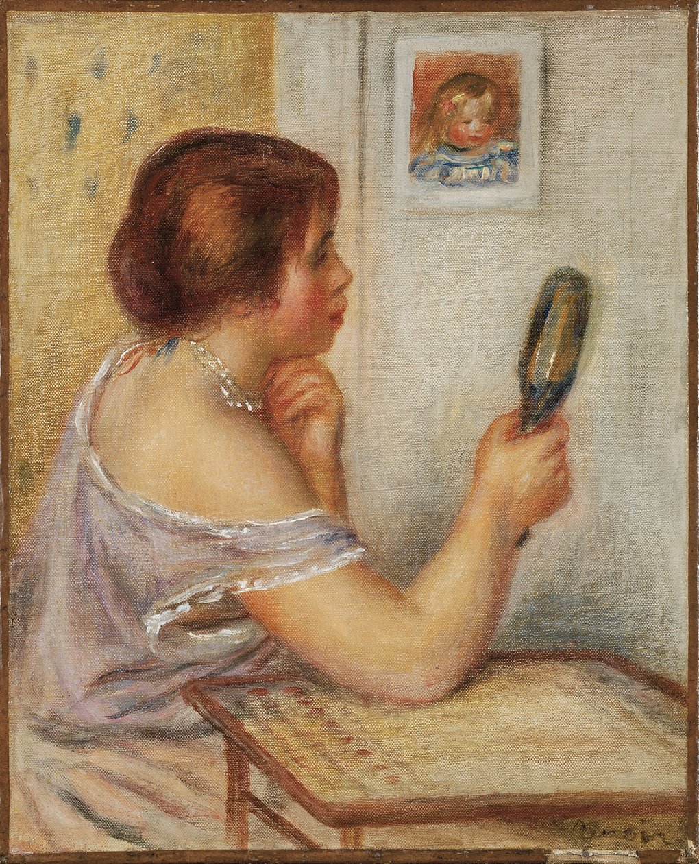 Gabrielle tükröt tart vagy Marie Dupuis tükröt tart Coco portréjával, 1900-as évek eleje alkotó: Pierre Auguste Renoir