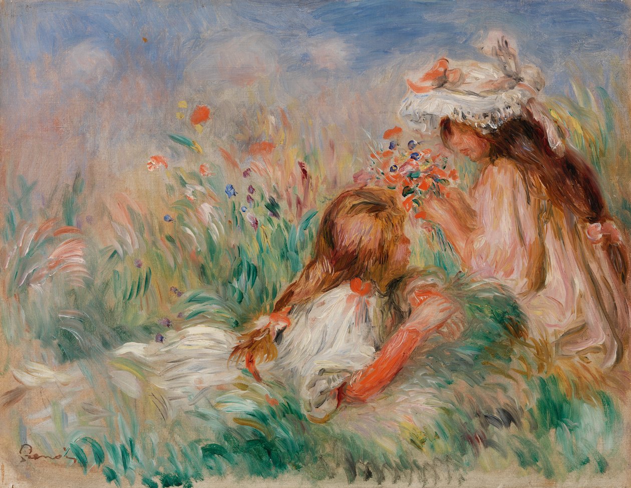 Lányok a fűben csokrot rendeznek alkotó: Pierre Auguste Renoir