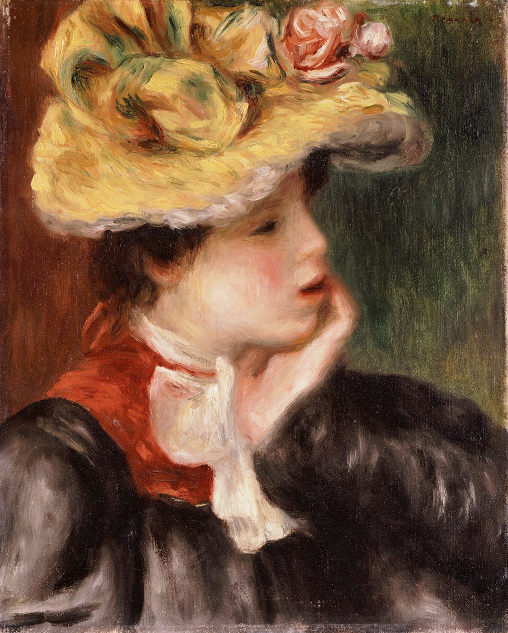 Egy sárga kalapos lány feje alkotó: Pierre Auguste Renoir