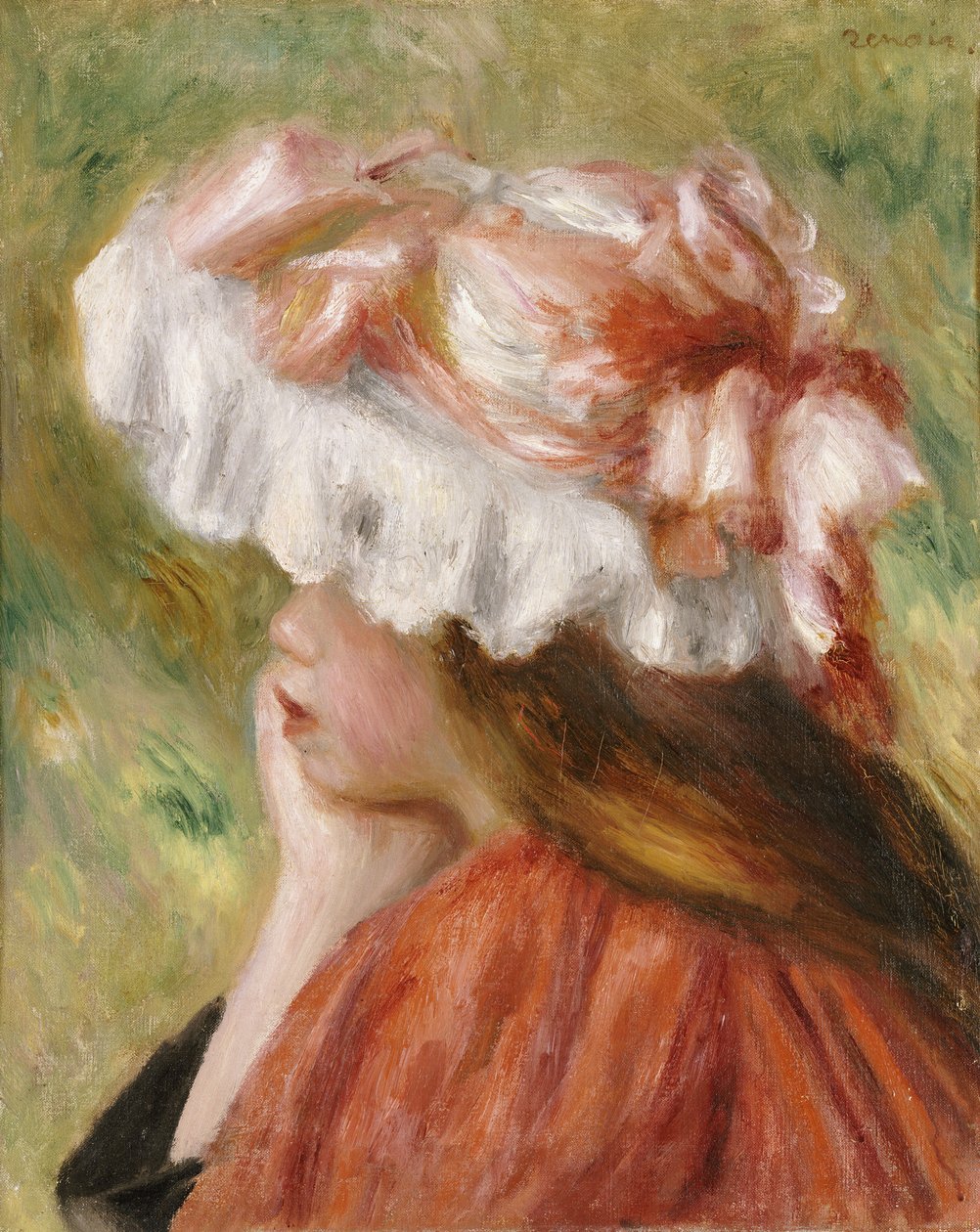 Egy vörös kalapos fiatal lány feje alkotó: Pierre Auguste Renoir