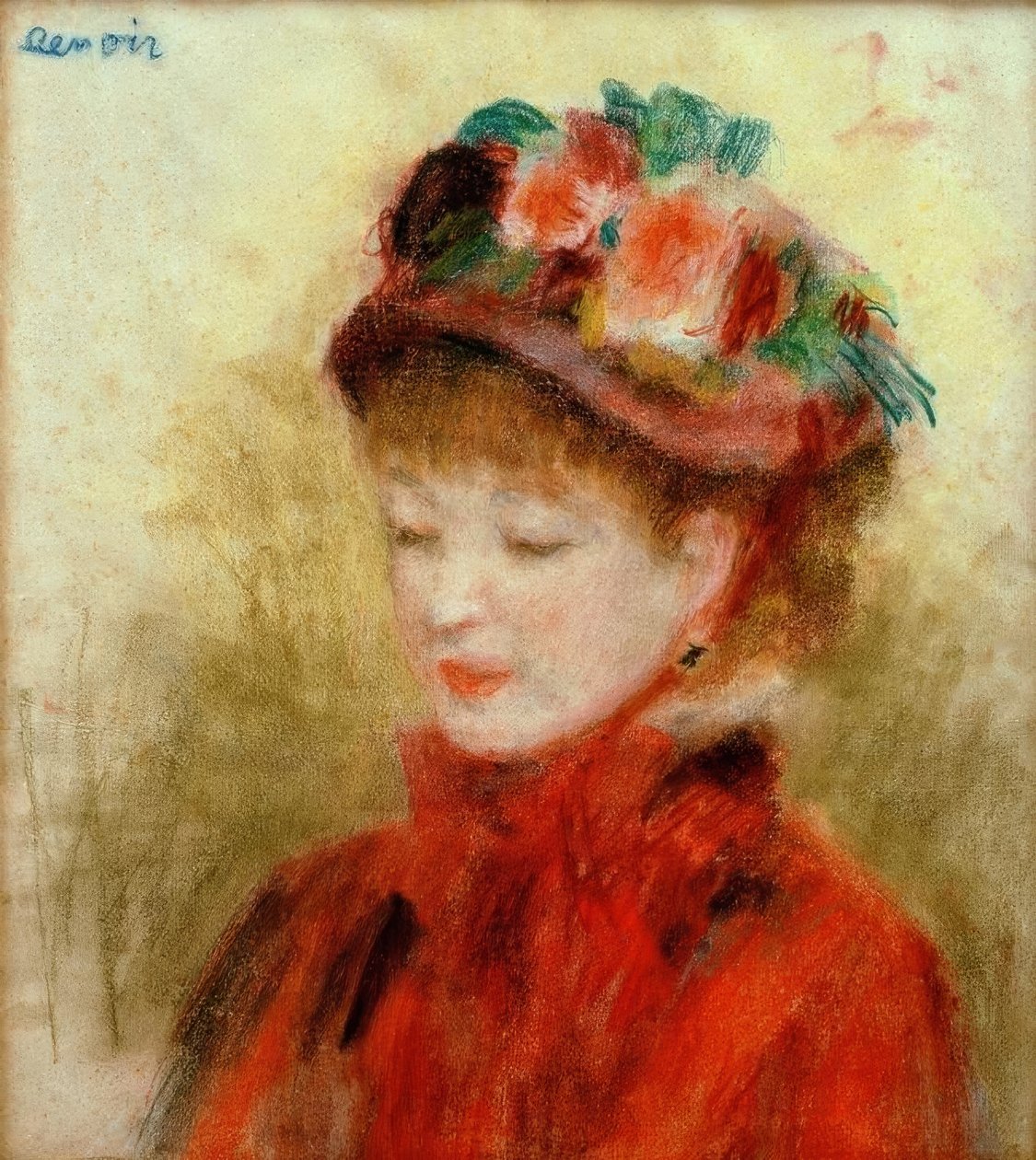 Fiatal nő kalapban virágokkal alkotó: Pierre Auguste Renoir