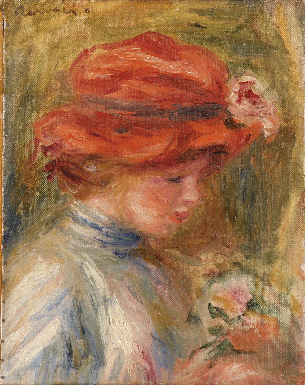 Fiatal nő piros kalapban alkotó: Pierre Auguste Renoir