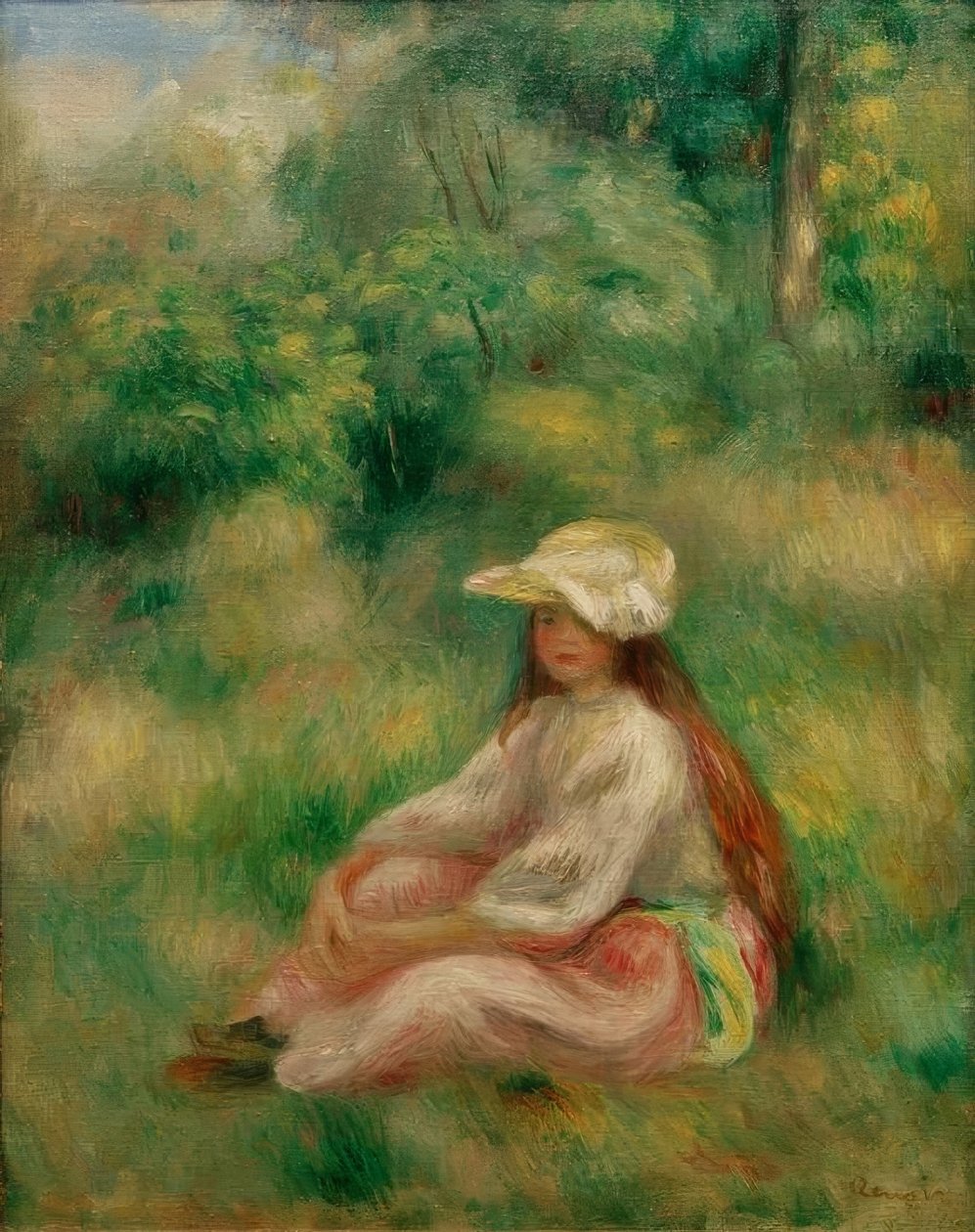 Lány rózsaszínben egy tájban alkotó: Pierre Auguste Renoir