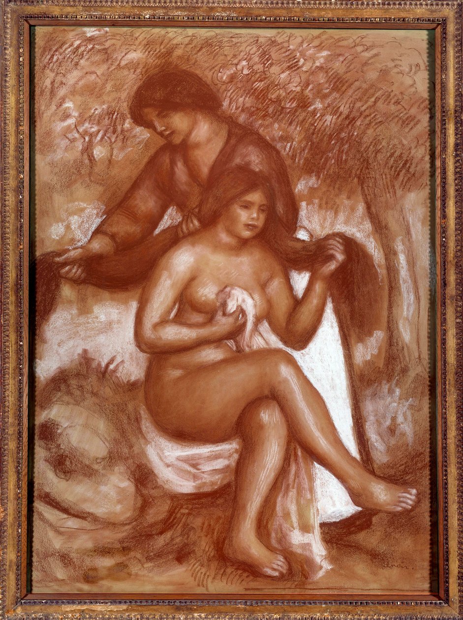 A fürdőző frizurája vagy WC-je Pierre Auguste Renoir rajz vérben és fehér chalaie-ban alkotó: Pierre Auguste Renoir